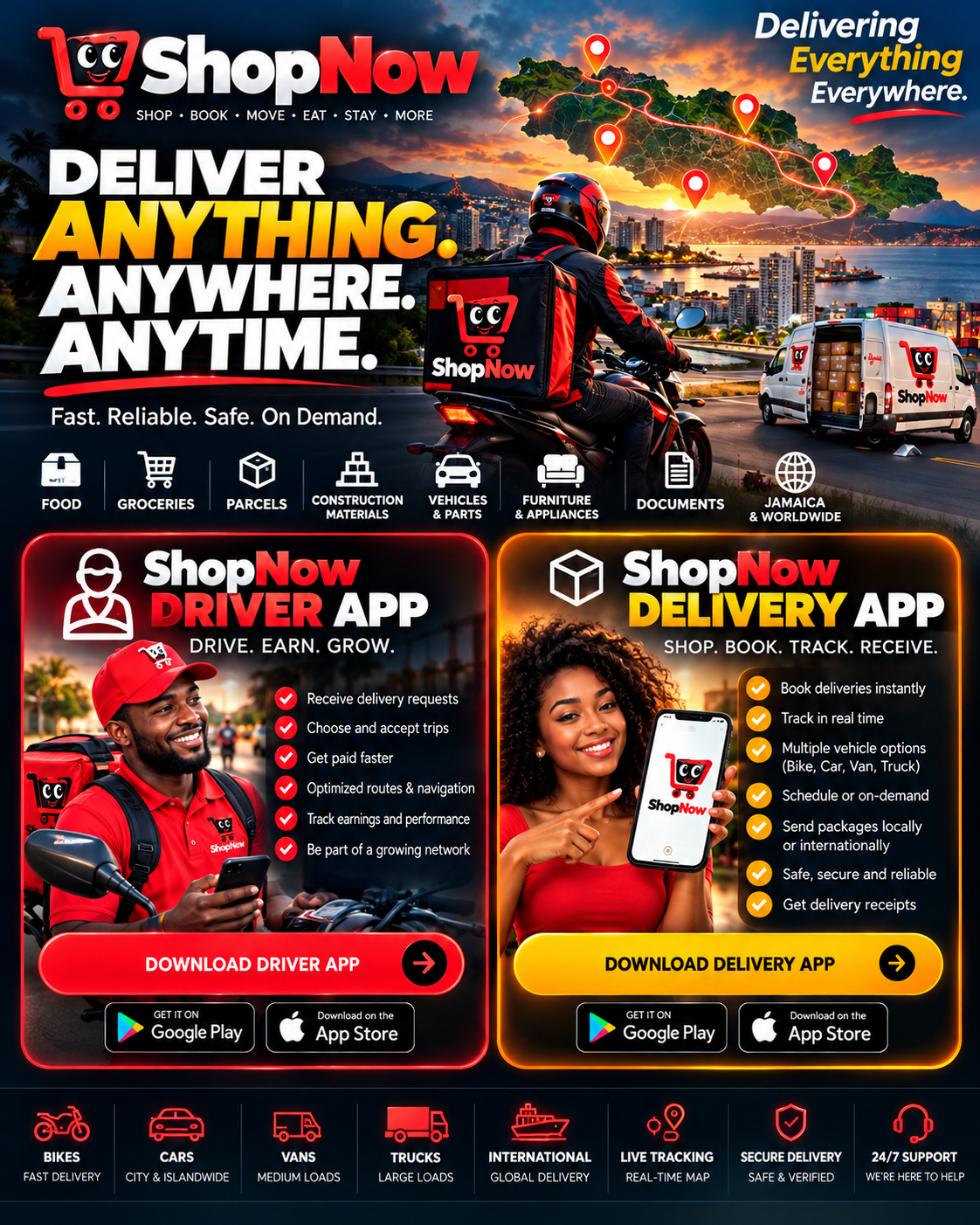 SHOP NOW delivery โ motorcycle courier, delivery van and route map over Jamaica